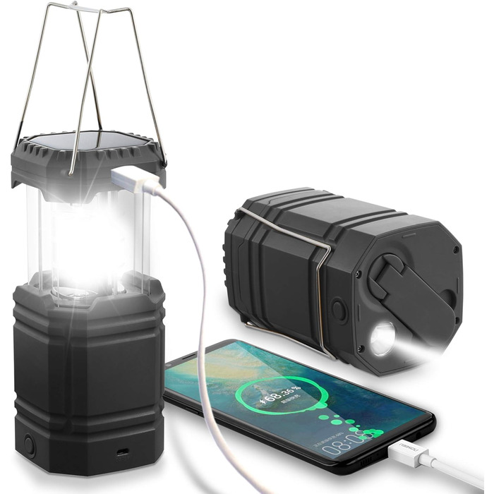 LED кемпінговий ліхтар на сонячній батареї, водонепроникний, з ручкою, акумулятор 3000mAh, для туризму, риболовлі, SOS, відключень світла (чорний)