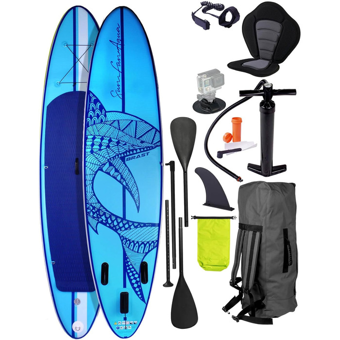 Надувний SUP Board BRAST Shark | Комплект для станд-ап паддлбордингу | 320x81x15см | 8 дизайнів | 5 років гарантії | з аксесуарами | 2в1: SUP Board та каяк | тримач для Action Cam, лапка, насос, рюкзак | Синій