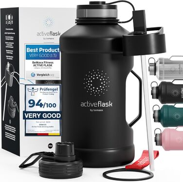 BeMaxx спортивна пляшка з нержавіючої сталі 2,2 л з трубочкою, 3 кришки, BPA-free, герметична, для газованої води, XL фітнес пляшка Solid Black
