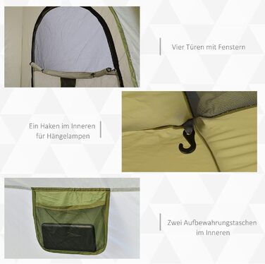 Намет Outsunny Pop-Up для 3 осіб, UV 50+, зелений: сімейний кемпінговий намет з гаком, 4 дверима, вікнами, підлогою та водонепроникністю 1000 мм