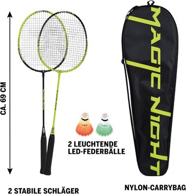 Набір для бадмінтону Talbot Torro Magic Night: 2 ракетки, 2 світлодіодні волани для гри вночі, у якісній сумці