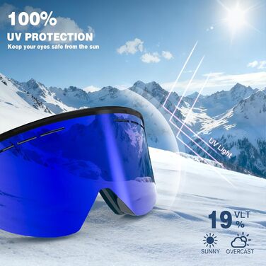 Скі-маска для чоловіків та жінок YH359, сноуборд маска для носіїв окулярів, OTG, захист від запотівання, UV-захист, антиковзаюча стрічка, повне REVO покриття (Чорний/Revo Blue-VLT 19%)