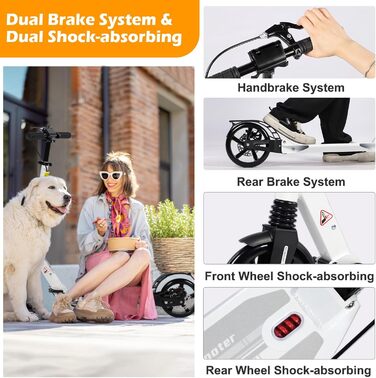 Дитячий складаний самокат з великими колесами 200 мм, дискові гальма, регульована висота, з ремінним ременем, для дітей 8-15 років (Білий)