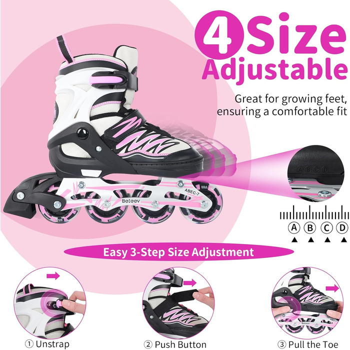 Інлайни BELEEV для дітей, підлітків та дорослих, ролики з регульованим розміром, світлодіодні шнурки та колеса, рожевий колір