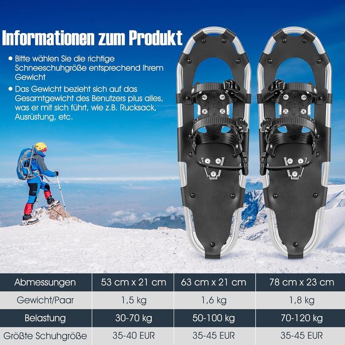 Снігоступи GYMAX 63 см з алюмінію, розмір 35-45, з підйомником, 2 палиці та сумка, комплект снігоходів для чоловіків та жінок, золотий