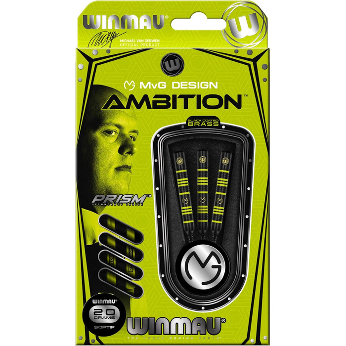 Дарти WINMAU Michael Van Gerwen MvG Ambition Professional (латунь) з пір'ям та стрижнями, сталеві та м'які (20 г)