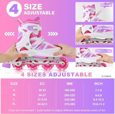 Дитячі ролики 2PM SPORTS регульовані, світні, для дівчаток/хлопчиків (біло-рожеві, X-Large(EU 42-44.5))