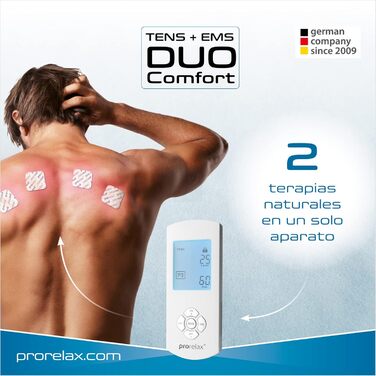 Prorelax TENS/EMS Duo Comfort: електростимулятор для зняття болю та м'язового масажу | 2 терапії в одному пристрої | Великий дисплей
