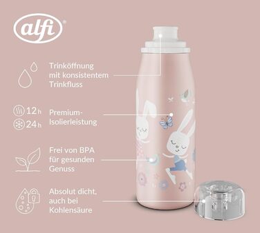Дитяча термобутилка alfi KIDS ISO 350 мл, рожевий Балерина Зайчик, нержавіюча сталь, герметична, з кришкою, зберігає тепло 12 годин, холод 24 години, підходить для газованих напоїв, BPA-free