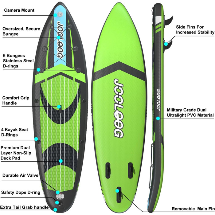 Надувний SUP-борд JOOLOOG Stand Up Paddle Board з сидінням для каяків, 320 x 81 x 15 см (зелений)