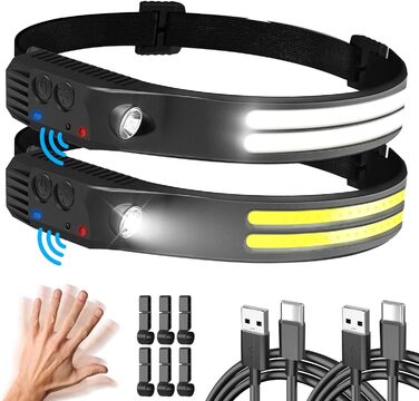 LED налобний ліхтар, 2 шт. з широким кутом огляду 230°, 6 режимів, датчик світла, водонепроникний, ідеально для бігу, риболовлі та інших активностей