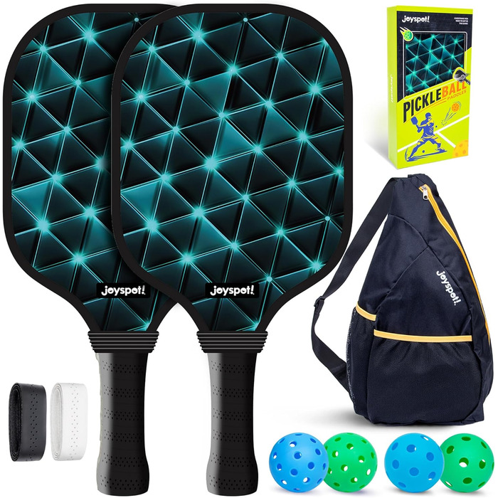 Набір для піклболу JOY SPOT 2 шт. з 4 м'ячами та сумкою – легкі ракетки з фібергласовою поверхнею для чоловіків, жінок та початківців – ідеально для гри в приміщенні та на вулиці