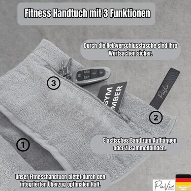 Рушник спортивний Pavin Sports 2 шт. | 90x40 см | 100% бавовна | З кишенею на блискавці, антиковзаючим покриттям та петлею | Для залу, фітнесу