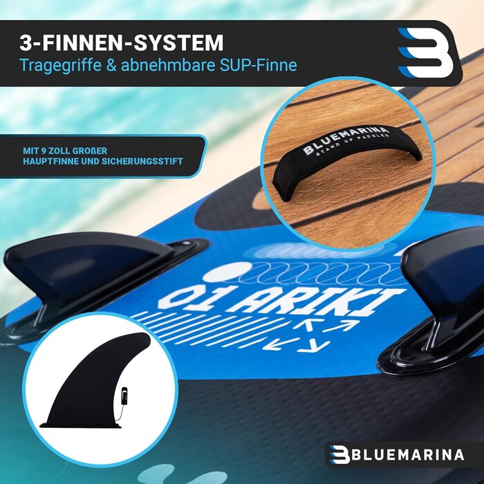 Надувна SUP-дошка Bluemarina Ariki 325x86x15 см, 5 років гарантії, комплект для веслування стоячи, вантажопідйомність до 140 кг, чорна