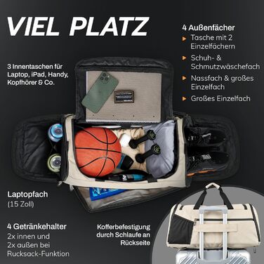 Спортивна сумка [з переробленого PET] 50L – сумка для спортзалу та рюкзак 2в1 – водонепроникна спортивна сумка для чоловіків та жінок – спортивний рюкзак з відділенням для взуття, велика туристична сумка (Савана Бежевий)