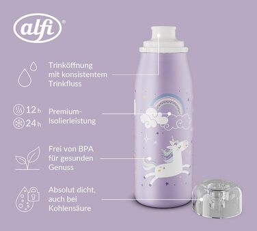 Дитяча термос-пляшка alfi KIDS ISO 350 мл, ліловий Єдиноріг, нержавіюча сталь, герметична, зберігає тепло 12 годин, холод 24 години, для газованих напоїв, BPA-free