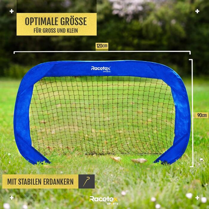 Дитячі футбольні ворота для саду – 2 шт. з посиленими штангами з скловолокна. Комплект включає м'яч, насос, ґрунтові анкери та сумка для транспортування.