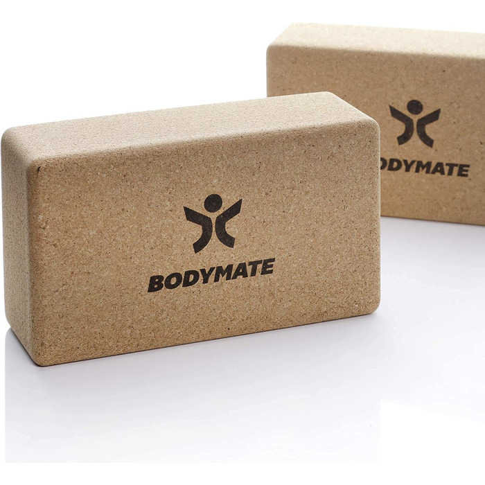Набір йога-блоків з натурального корка BODYMATE (2 шт), екологічні блоки для йоги, пілатесу та медитації, 22 x 12 x 7,5 см