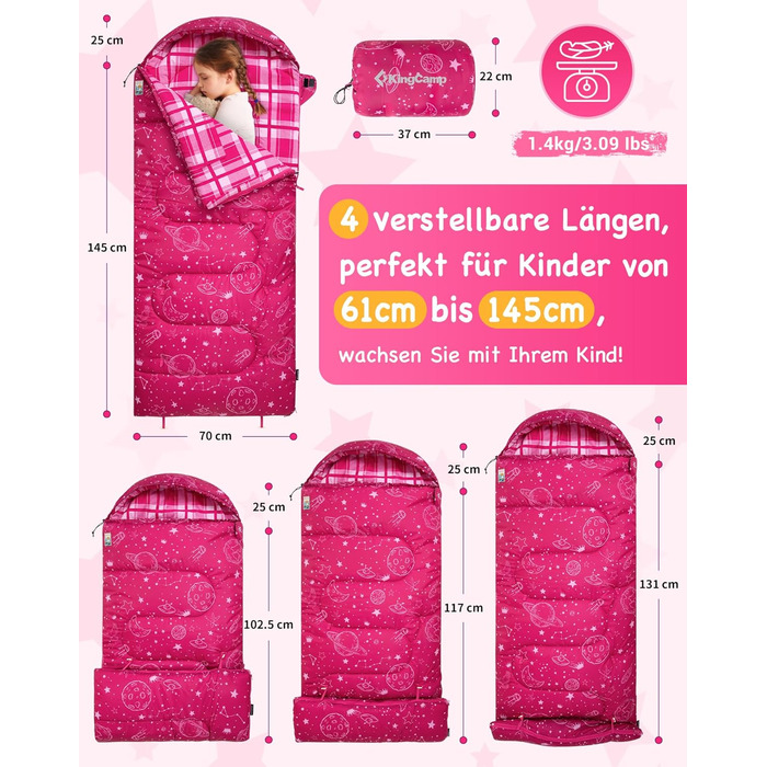 Спальний мішок KingCamp для дітей, фланелевий, легкий, водонепроникний, компактний, зимовий, 4 сезони, для кемпінгу, підходить для дітей до 140 см, комфортна температура: 7°C, рожевий, регульована довжина