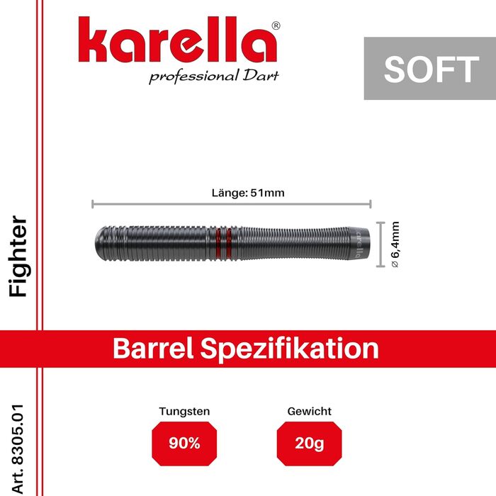 Дротики Karella Fighter 90% вольфрам, 20/22/24г, для класичної та електронної дартс дошки, металеві та пластикові наконечники