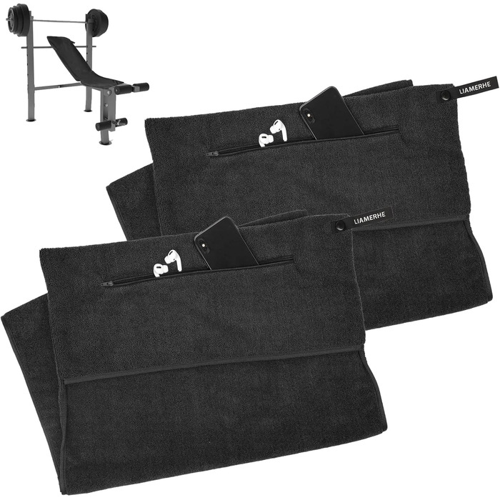 Рушники з мікрофібри Liamerhe 120x50 см (2 шт.) з кишенею на блискавці та антиковзаючою фіксацією - для фітнесу, тренажерного залу, чоловікам та жінкам