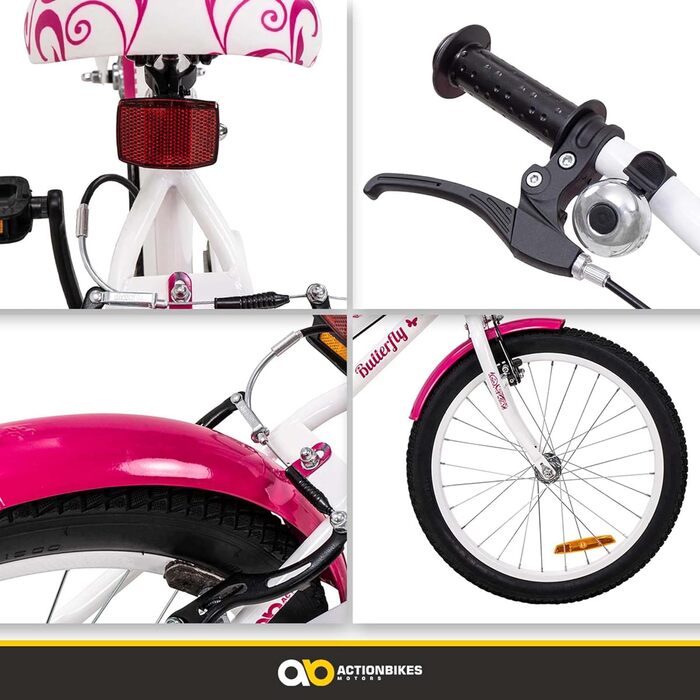 Детский велосипед Actionbikes Butterfly, 20 дюймов, V-Brake тормоза, защита от грязи спереди и сзади, для девочек 6-9 лет, белый/розовый