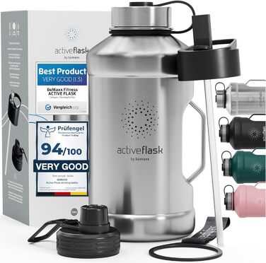 Спортивна пляшка з нержавіючої сталі ACTIVE FLASK 2,2 л з 3 кришками та трубочкою, BPA-free, герметична, підходить для газованої води, XL фляга для спорту, фітнесу, аутдору