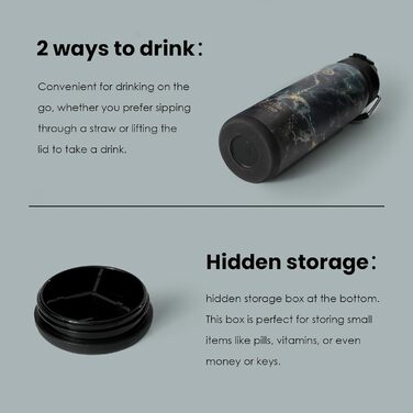 Термобутилка з нержавіючої сталі BOTTLE BOTTLE, спортивна пляшка для води зі соломинкою та регульованою кришкою, для щоденного використання, чорний камінь