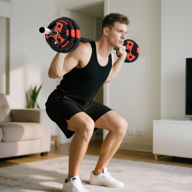 Набір гантелей 20 кг, що включає 6 дисків: 2 x 5 кг, 2 x 2,5 кг, 2 x 1,25 кг, нековзна штанга, чорний+червоний