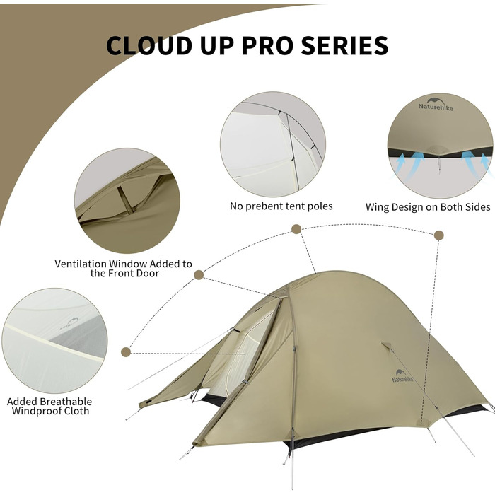Намет Naturehike Cloud Up Pro для кемпінгу, 1 особа, легкий, водонепроникний, для трекінгу та подорожей (Хакі, 20D)