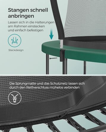 Трамплін SONGMICS Federloses Ø 244/305/366 см, Outdoor для дітей, з сіткою, склопластикові стійки, безпечний, тихий, зелений