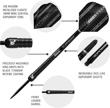 Дартс Harrows SUPERGRIP Black Edition 90% вольфрам, 21-30 г, з наконечником із сталі, комплект із супергріп-шахтами і крилами