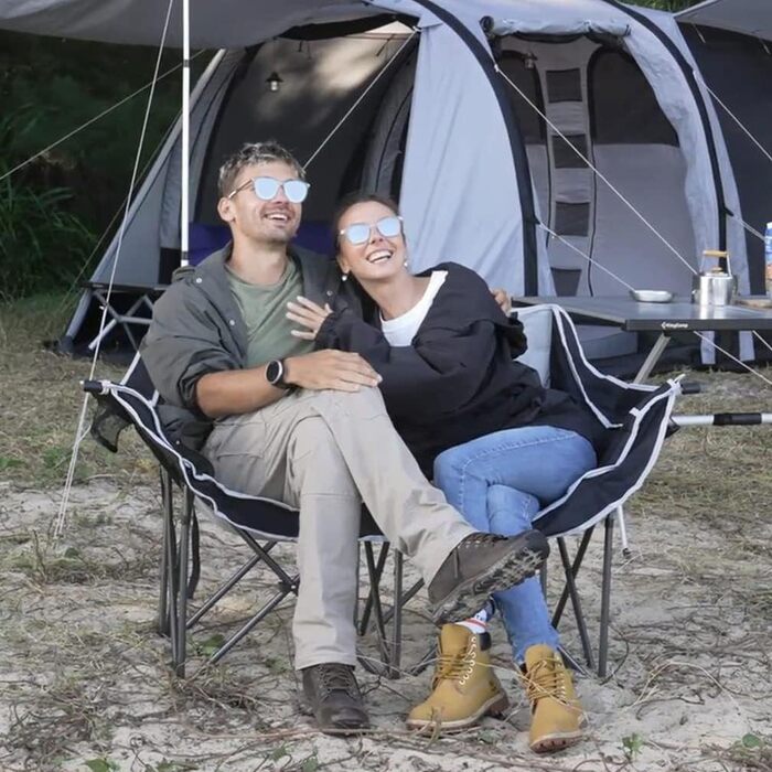 Двомісний розкладний крісло-диван для кемпінгу з підстаканниками, великий, чорно-білий