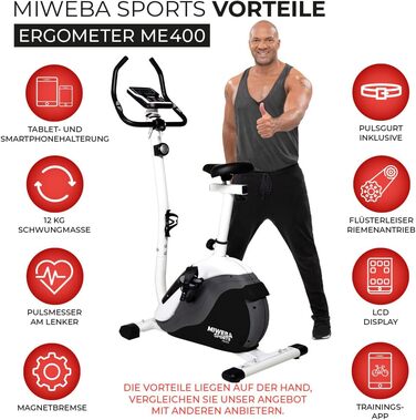 Велотренажер Miweba Sports ME400 з магнітним опором, 12 кг маховик, до 150 кг, LCD-дисплей, керування через додаток, пульсометр, для дому, чорний/білий