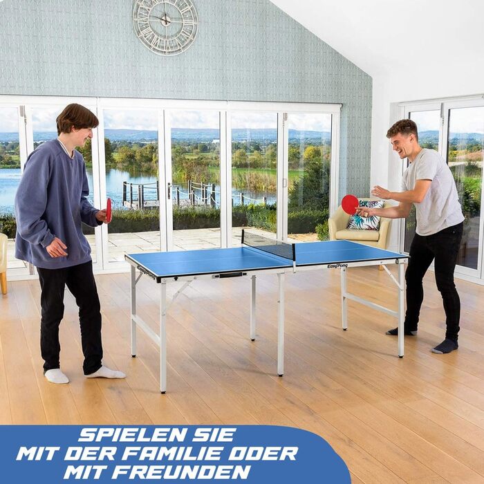 Стол для пінг-понгу EasyPong | 182x91 см | Преміум якість | Зручний для транспортування | Стабільний | Для гри в приміщенні та на вулиці | Комплект: 2 ракетки + 4 м'ячі | Оригінальний Easy Pong | Синій