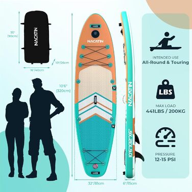 NACATIN SUP дошка надувна 320 см з сидінням для каякінгу, подвійним веслом, рюкзаком та ремкомплектом для річки, моря, йоги