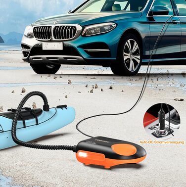 Насос FOWAWU 20PSI для SUP, човнів та каяків: 12V, 2-ступенева інфляція, автовимкнення, надування та здування