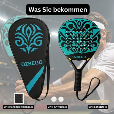 Набір для падел-тенісу Ozbego: повний карбон, сумка, 2 овергрипи, бандаж на зап'ястя, захисна плівка. Підходить для початківців та досвідчених гравців. Легкий та довговічний. Чорний та зелений колір.