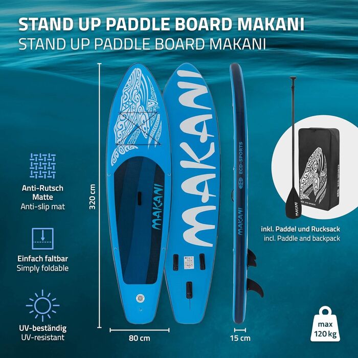 Надувна SUP-дошка ECD Germany Makani 320 см, PVC, алюмінієве весло, повний комплект, синя/помаранчева/чорна/бірюзова/зелена – для серфінгу, веслування, серфборд