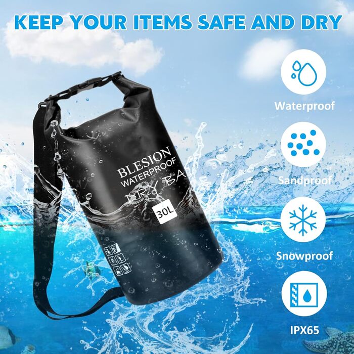 Водонепроникний мішок-рюкзак Dry Bag 5L/10L/15L/20L/30L з регульованим плечовим ременем, для каякінгу, риболовлі, плавання, піших прогулянок та подорожей, чорний (10L)
