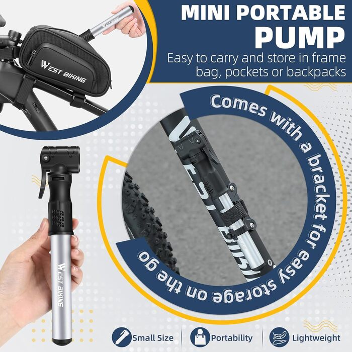 Міні-насос для велосипеда West Biking - алюмінієвий насос для всіх типів вентилів, портативний, швидка накачка, легкий, для MTB, шосе, м'ячів