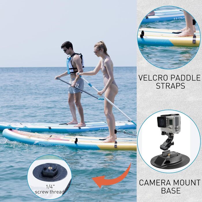 Надувний SUP Борд UPWELL Premium Stand Up Paddling Board з сидінням та кріпленням для камери, комплект, 204 кг вантажопідйомність, для 2 осіб, регульоване весло для початківців (340x84x15cm)