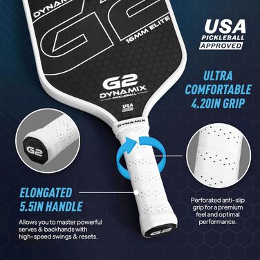 Ракетка для піклболу з вуглецевого волокна Gen-2, 16 мм, сертифікована USAPA, для професійного рівня, потужність, обертання та стабільність, довгаста, легка, професійна балансування (біла ручка / біла рамка)