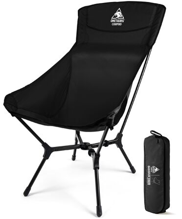 Стілець для кемпінгу OneTigris OASISFLEX, висока спинка, 150 кг, складний, легкий, з інтегрованим хрестоподібним каркасом, для риболовлі, з 2 кишенями, для відпочинку на природі, піших прогулянок (чорний)