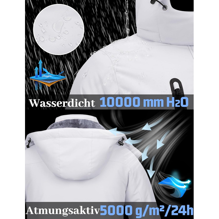 TACVASEN Зимова куртка для жінок, водонепроникна, з флісовою підкладкою, знімний капюшон, для сноуборду та катання на лижах, біла, розмір M