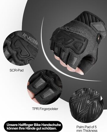 Рукавички INBIKE напівпальцеві гнучкі для велоспорту, мотокросу, фітнесу, тренувань, альпінізму з захистом пальців TPR та SCR, чорний, розмір M