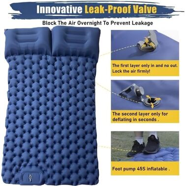 Саморозкладаюча туристична матрац-спальник для кемпінгу та відпочинку на пляжі, з педальною помпою та інтегрованим подушкам, 196x125 см, 2-місна