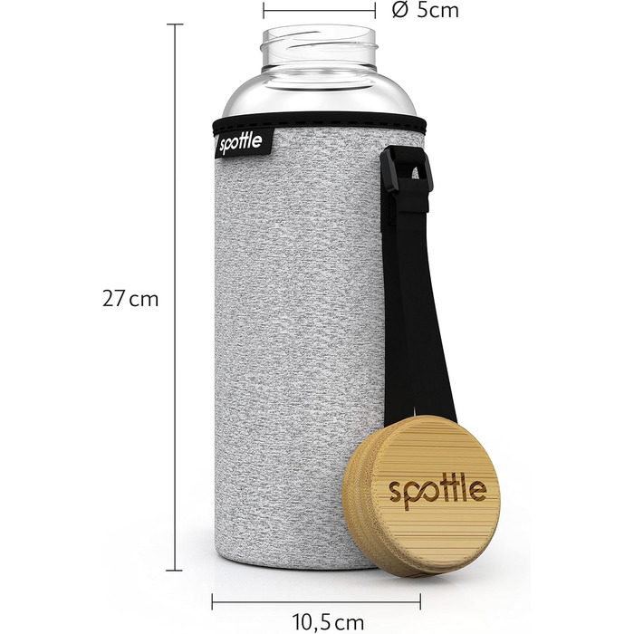 Скляна пляшка Spottle 1,5 л з бамбуковою кришкою, широка шийка, для води та газованих напоїв, придатна для посудомийної машини, сіра
