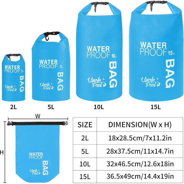 Водонепроникна сумка Uncle Paul 2L - водонепроникні мішки для каякінгу, риболовлі, сплаву, плавання, кемпінгу, каное, серфінгу (5 літрів, блакитний цян)