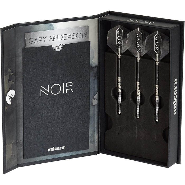 Набір дротиків Unicorn Gary Anderson Noir Phase 3/5, сталева вістря, 90% вольфрам, чорне титанове покриття, 21-24 г, у подарунковій упаковці